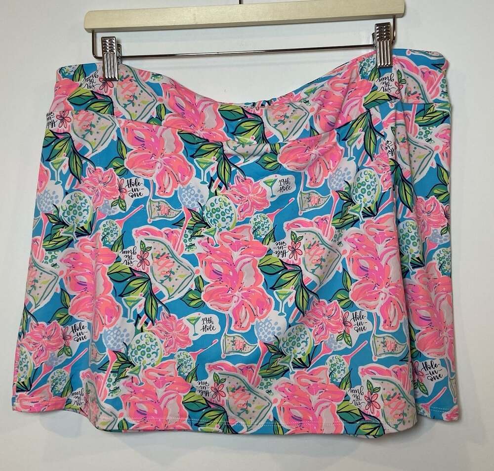 Lulu B Skirt Skort Athletic Stretch Blue Pink Tropical 19th Hole XL